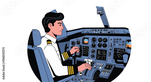 Professional Airline Pilot Operating Airplane Cockpit Controls Illustration