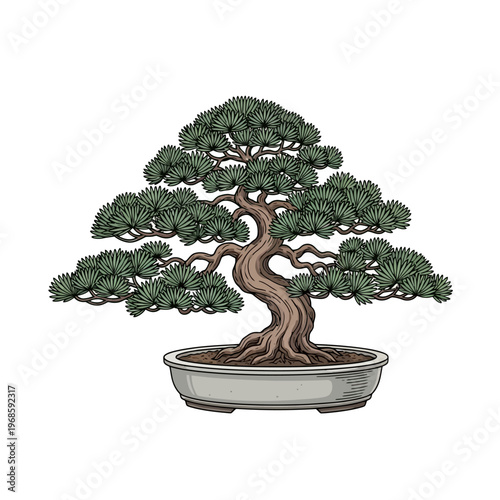 A serene bonsai tree illustration sits in a pot on a table indoors