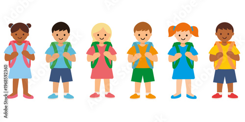 A diverse group of smiling cartoon schoolchildren standing in line on a white background. Friendship of Nations