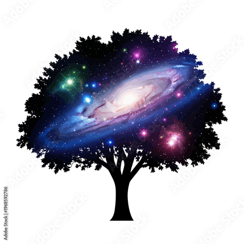A vibrant galaxy swirls within a tree's foliage, showcasing celestial bodies.