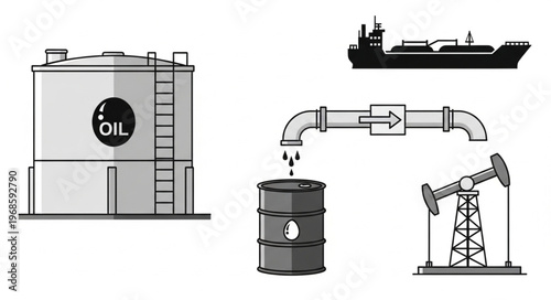 Oil Industry Infrastructure - Storage Tank, Tanker, Pipeline, Barrel, and Pumpjack.