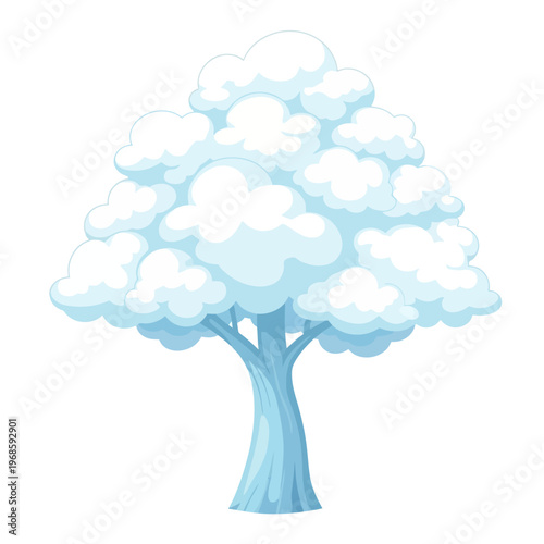 Snowy winter tree with a thick fluffy canopy of snow, a cold and magical nature scene