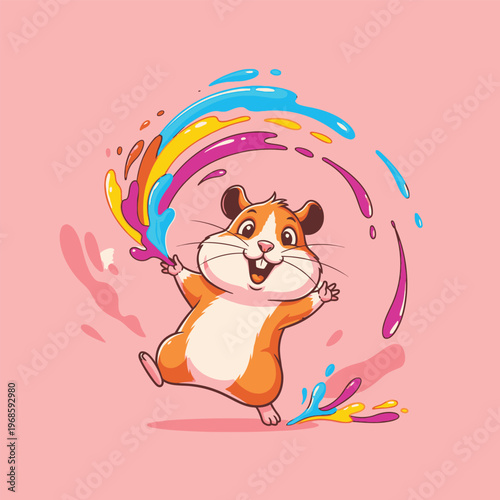 Cute Hamster Character Painting with Rainbow Colors.