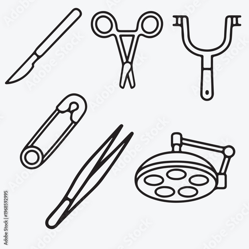 Surgical Instruments Icons Set – Scalpel, Forceps, Retractor, Safety Pin, Tweezers, Operating Lamp