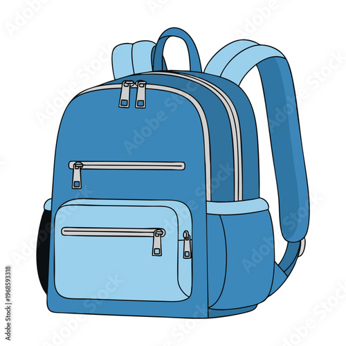 Blue backpack with multiple compartments and zippers, ready for school
