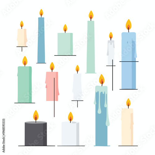 Collection of diverse color candles with lit flames, some with melted wax