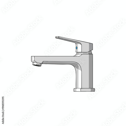 A minimalist chrome faucet with a lever handle and a thin spout on a white background