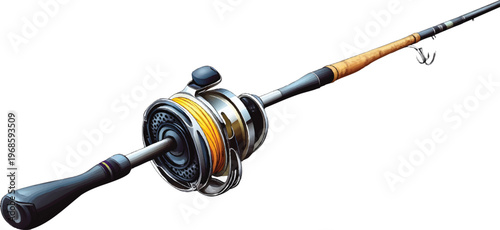 fishing rod and reel, in the style of clip art, isolated on a transparent background