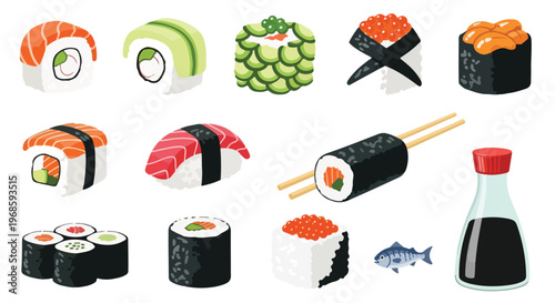 A colorful vector illustration showcasing a diverse assortment of traditional Japanese sushi, including maki, nigiri, and gunkan, with soy sauce and chopsticks.