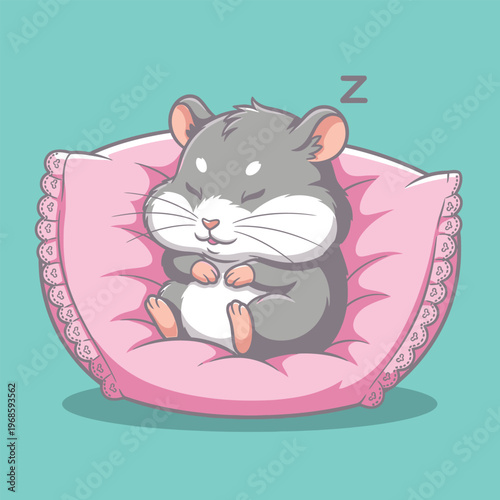 Cute Hamster Sleeping Peacefully on a Pink Pillow.