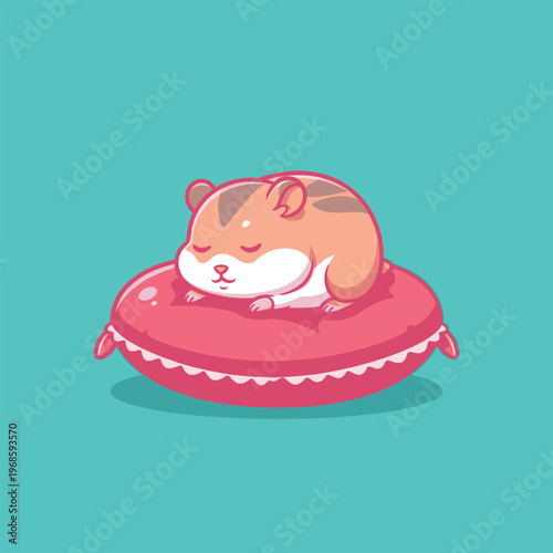 Cute Hamster Sleeping Peacefully on a Pink Pillow.