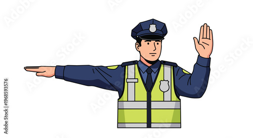 Cartoon Illustration of a Police Officer Directing Traffic with Hand Signals