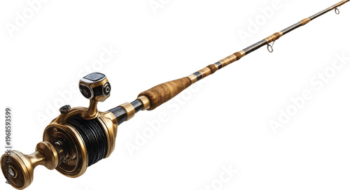 fishing rod and reel, in the style of clip art, isolated on a transparent background