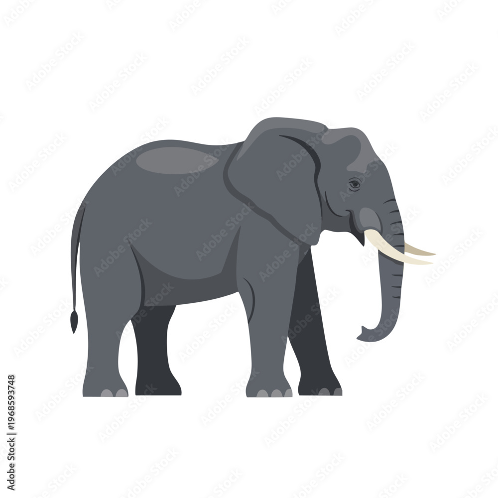 Fototapeta premium A simple, flat illustration of a grey elephant with tusks on a white background