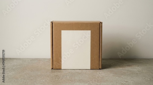 Minimal cardboard box with blank label for product presentation