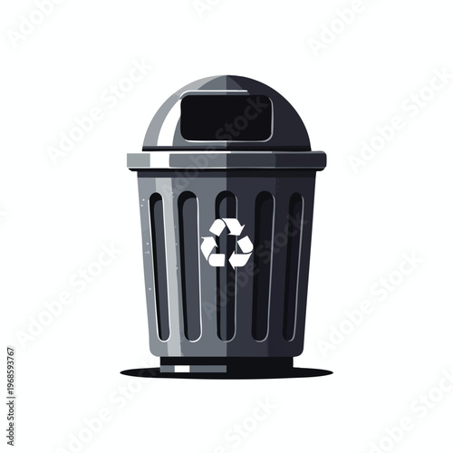 A gray metal trash can with a dome lid and recycling symbol