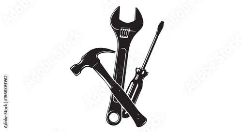Black tools, hardware icons, wrench, hammer, screwdriver set, vector graphics
