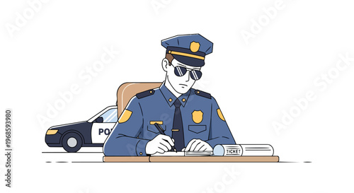 Police Officer Writing Traffic Ticket at Desk with Patrol Car