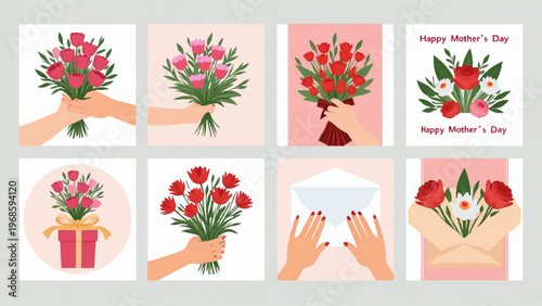 Mother's Day, floral greeting cards, bouquet illustrations, hand drawn flowers