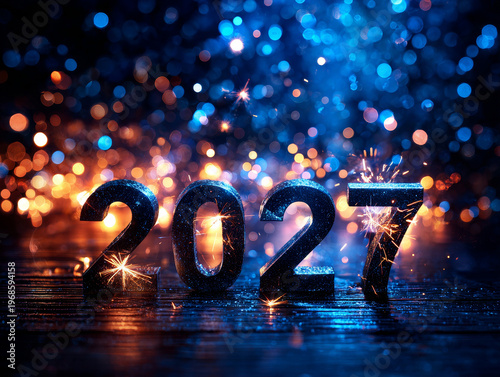 Welcome 2027: Sparkling New Year Celebration with Fireworks, Bokeh, and Luminous Sparklers