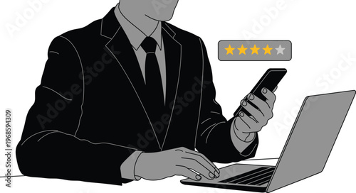 Professional businessman giving four star rating on smartphone, customer feedback and online review concept, man using laptop and mobile phone