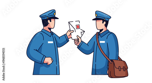 Two Mail Carriers Exchanging a Letter in Uniform