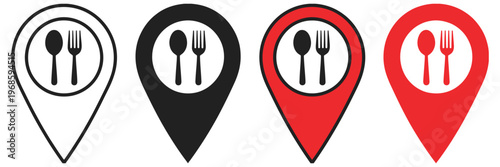 restaurant map pins with fork and spoon symbols, food delivery and cafe location markers, rank titles concept, performance metrics, progress levels, achievement badges, status hierarchy, food, 