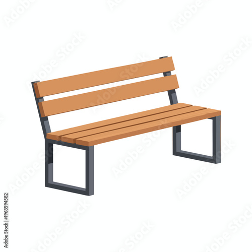 Simple wooden park bench with dark metal frame, isolated on white