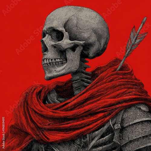 Mythical Skeleton Warrior: Dark Fantasy Gothic Art Illustration in Vintage Medieval Armor with Red Cloak