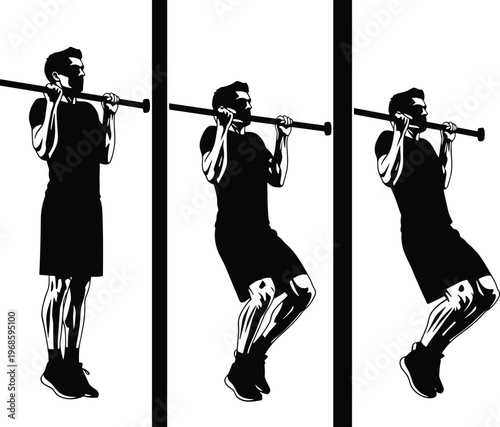 Chin up exercise silhouette sequence man workout on bar fitness training strength calisthenics vector illustration isolated sport activity