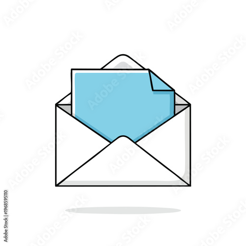 Open envelope with blue paper inside, simple graphic illustration