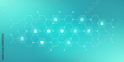 Medical background and healthcare technology with flat icons and symbols. Concept and idea for health care business, innovation medicine, health safety, science, medical research, and development.