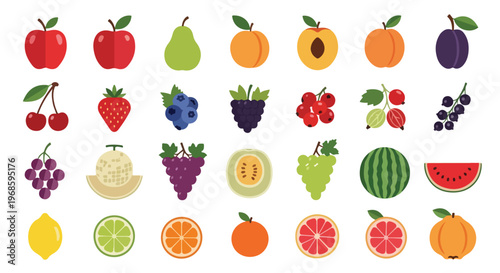 A vibrant collection of fresh, ripe fruits and berries illustrated in a clean, flat vector design.