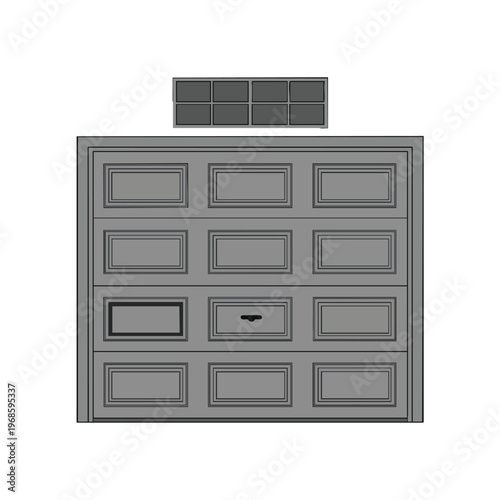 Gray, paneled garage door with eight small windows above