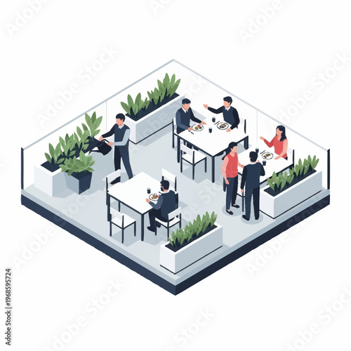Isometric view of a modern office cafeteria with people dining and plants.
