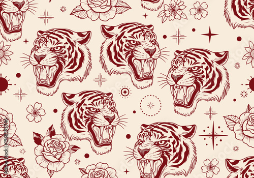 Vintage Old School Tattoo Style Seamless Pattern with Roaring Tiger Heads, Roses, and Celestial Stars in Maroon and Cream