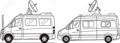 Two television news vans with satellite dishes with news van with satellite truck with broadcast vehicle with media van with mobile studio with live broadcast with news gathering with satellite dish