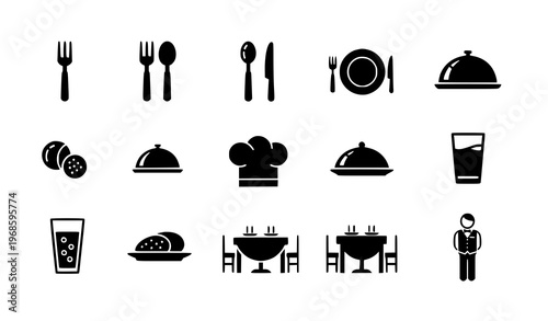 Catering Icon Set with Fork Spoon Knife Plate Cloche Tray Chef Hat and Waiter Vector Illustration