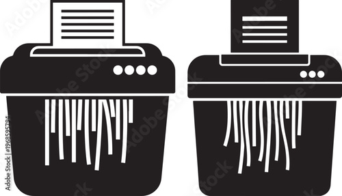 Two paper shredders with paper being shredded with paper shredder with office equipment with document destruction with information management with data privacy with office supplies with strip cut
