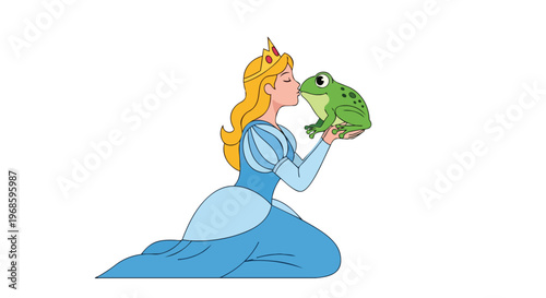 Cartoon Princess Kissing a Frog Illustration