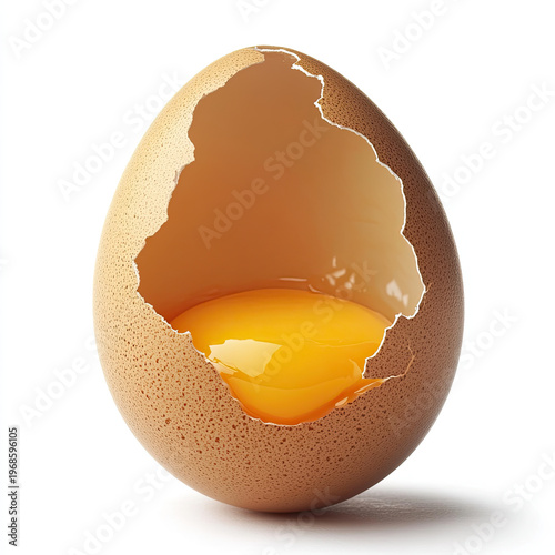 Egg broken in half with yolk inside isolated on white background