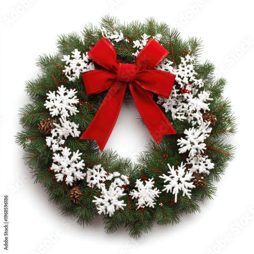 Elegant Christmas wreath with snowflake decoration and red bow