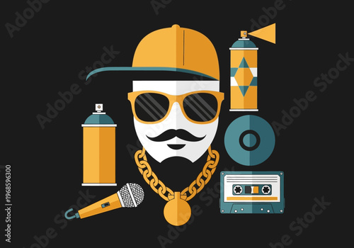 Urban Hip Hop Culture Vector Illustration with Retro Music Elements, Gold Chain, Spray Paint, and Sunglasses on Black Background