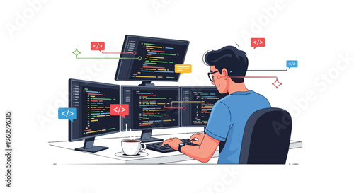 Software Developer Coding on Multiple Monitors at Desk