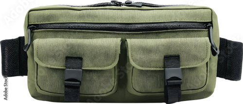 green waist bag, solid color, black zipper and two pockets on the front, isolated on a transparent background