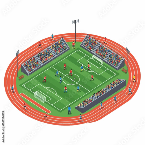 Isometric view of a vibrant sports stadium with a soccer match and running track.