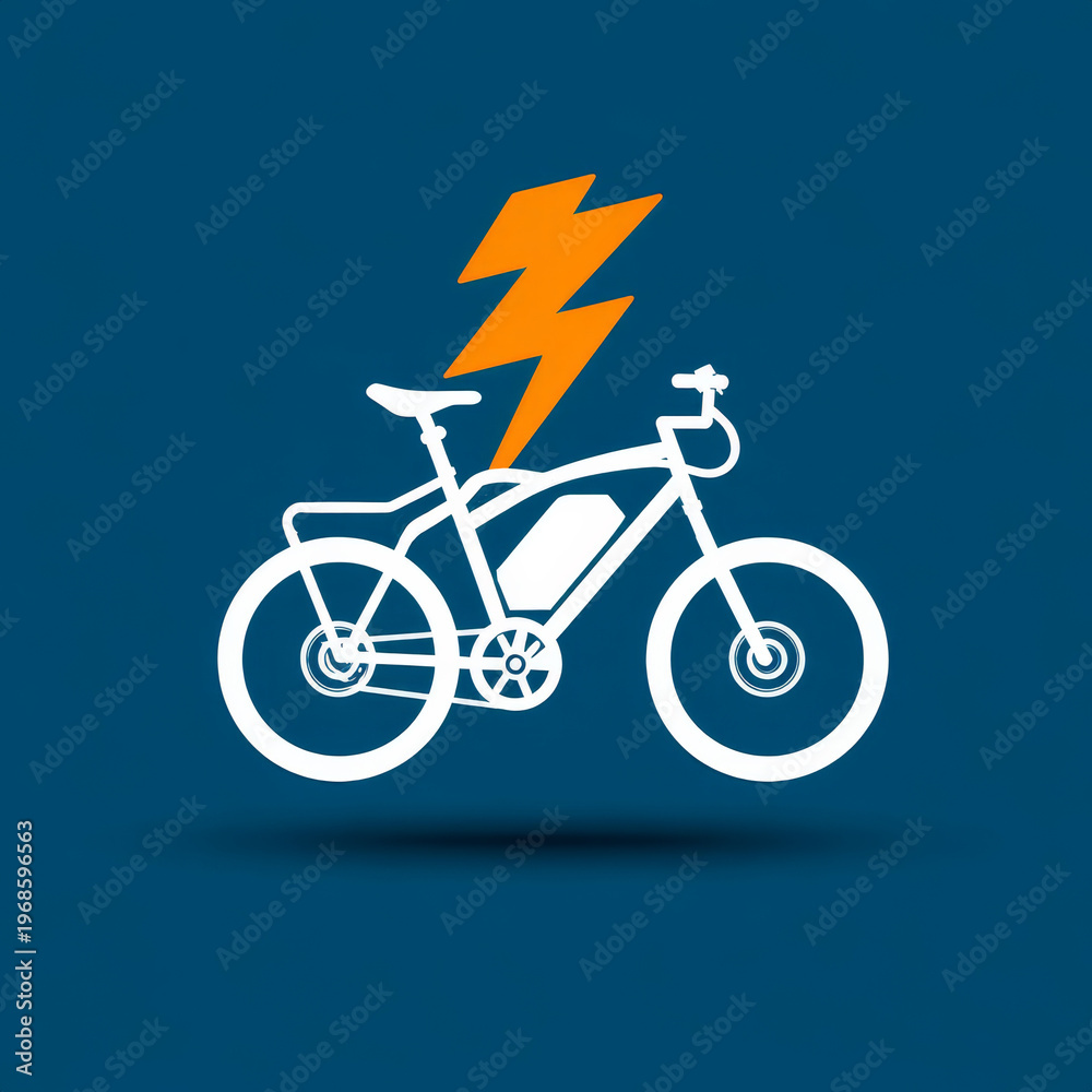 Fototapeta premium Modern Eco-Friendly Electric Bike Icon: Vector Illustration with Orange Lightning and Blue Background for Sustainable Transport and Active Travel