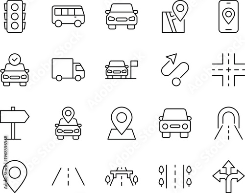 Transportation navigation line vector icon set car bus truck map pin