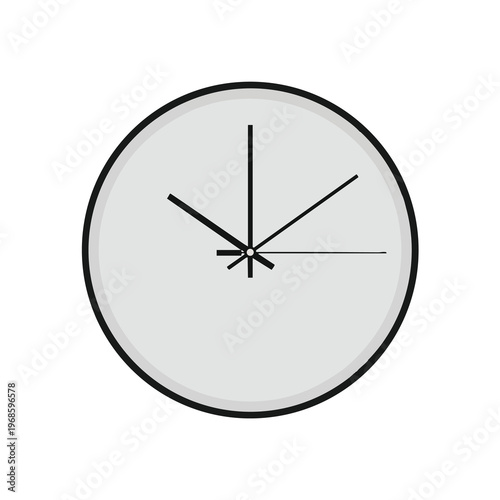 Minimalist clock face with three black hands on a light grey background