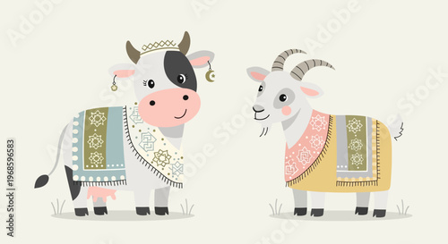 Funny cartoon cow standing happily on a farm in a cute and playful illustration style
